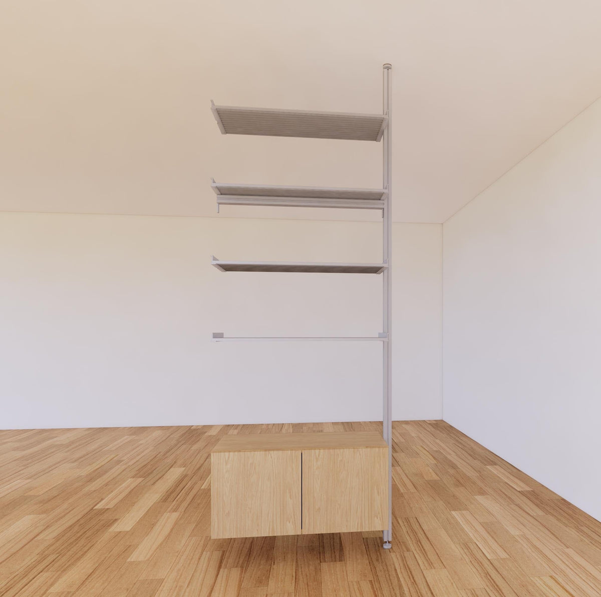 Floor-to-ceiling room divider shelving extension with lower storage cabinet with Casting Light shelves and satin vertical post, one bay, 31-inch bay width, six open shelf levels, floor-to-ceiling supports.
