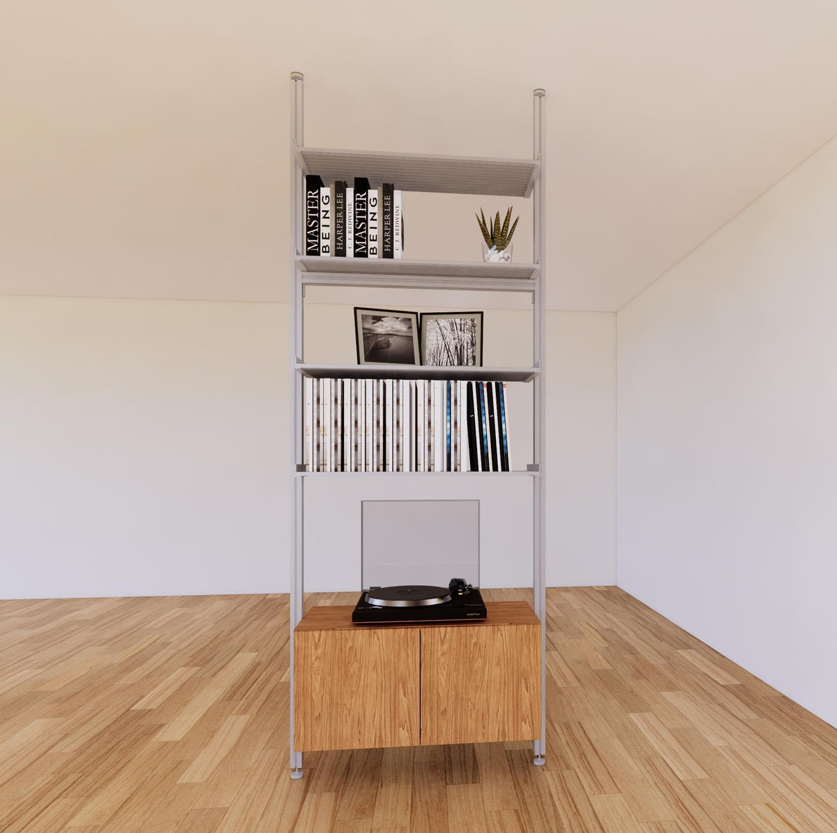 Floor-to-ceiling room divider shelving unit with lower storage cabinets with Tea for Two shelves and satin vertical posts, 31-inch bay width, six open shelf levels, floor-to-ceiling supports.