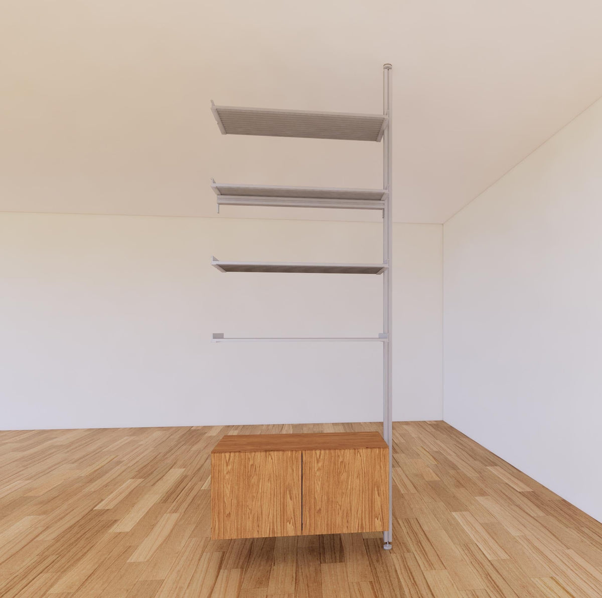Floor-to-ceiling room divider shelving extension with lower storage cabinet with Tea for Two shelves and satin vertical post, one bay, 31-inch bay width, six open shelf levels, floor-to-ceiling supports.