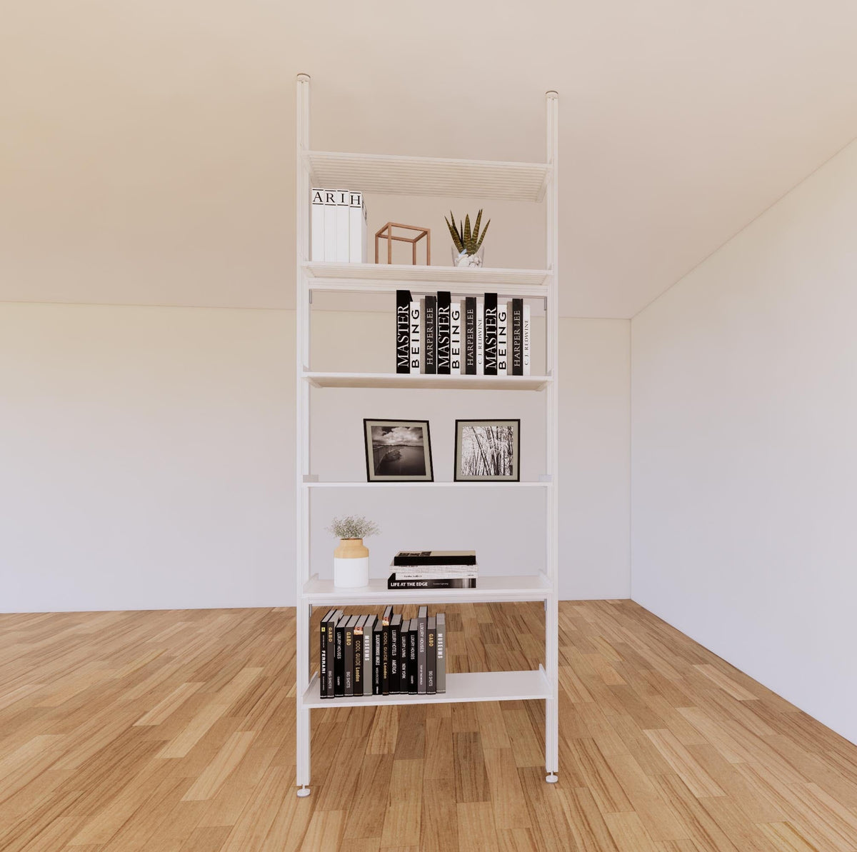 Floor-to-ceiling room divider shelving extension with white shelves and white vertical post, one bay, 31-inch bay width, six open shelf levels, floor-to-ceiling supports.