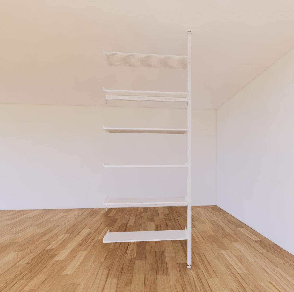 Floor-to-ceiling room divider shelving extension with white shelves and white vertical post, one bay, 31-inch bay width, six open shelf levels, floor-to-ceiling supports.
