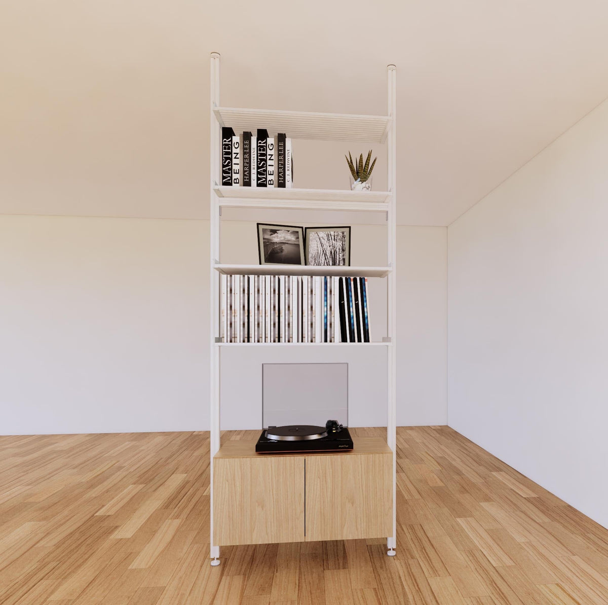 Floor-to-ceiling room divider shelving unit with lower storage cabinets with Casting Light shelves and white vertical posts, 31-inch bay width, six open shelf levels, floor-to-ceiling supports.