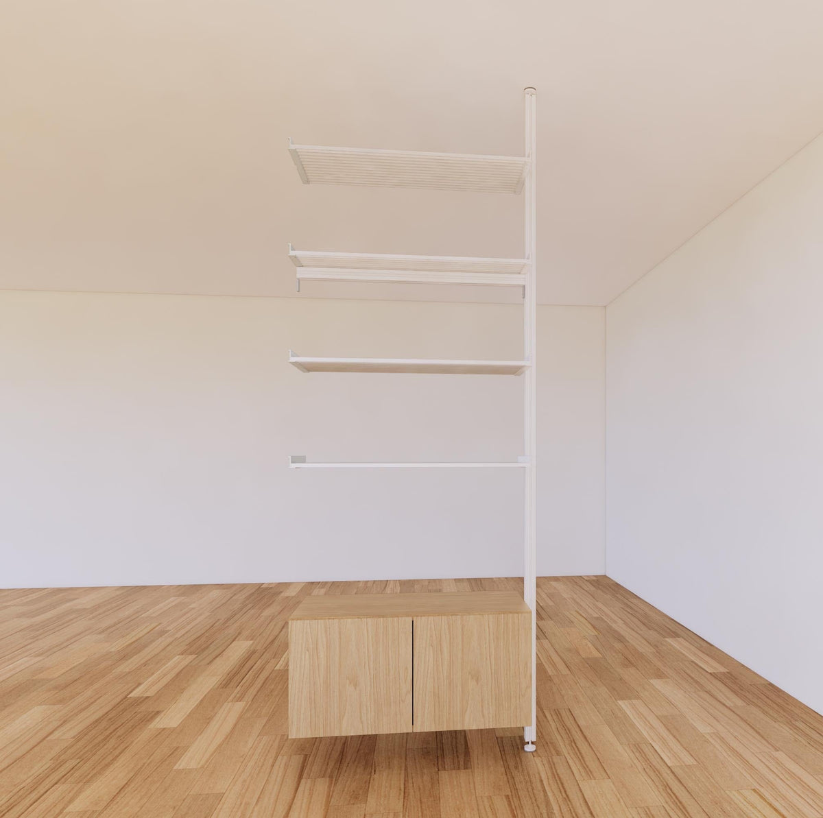 Floor-to-ceiling room divider shelving extension with lower storage cabinet with Casting Light shelves and white vertical post, one bay, 31-inch bay width, six open shelf levels, floor-to-ceiling supports.
