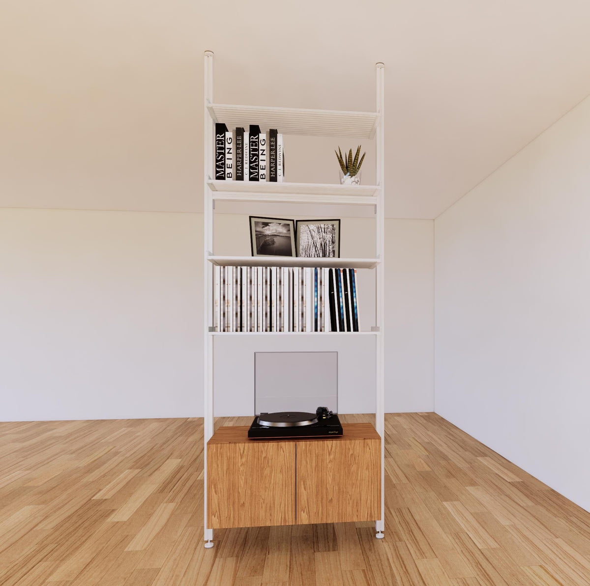 Floor-to-ceiling room divider shelving unit with lower storage cabinets with Tea for Two shelves and white vertical posts, 31-inch bay width, six open shelf levels, floor-to-ceiling supports.