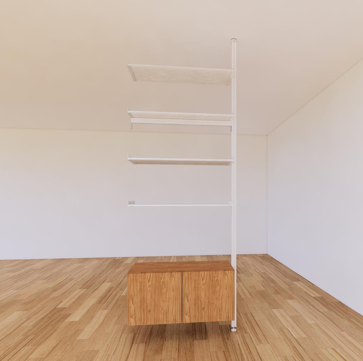 Floor-to-ceiling room divider shelving extension with lower storage cabinet with Tea for Two shelves and white vertical post, one bay, 31-inch bay width, six open shelf levels, floor-to-ceiling supports.