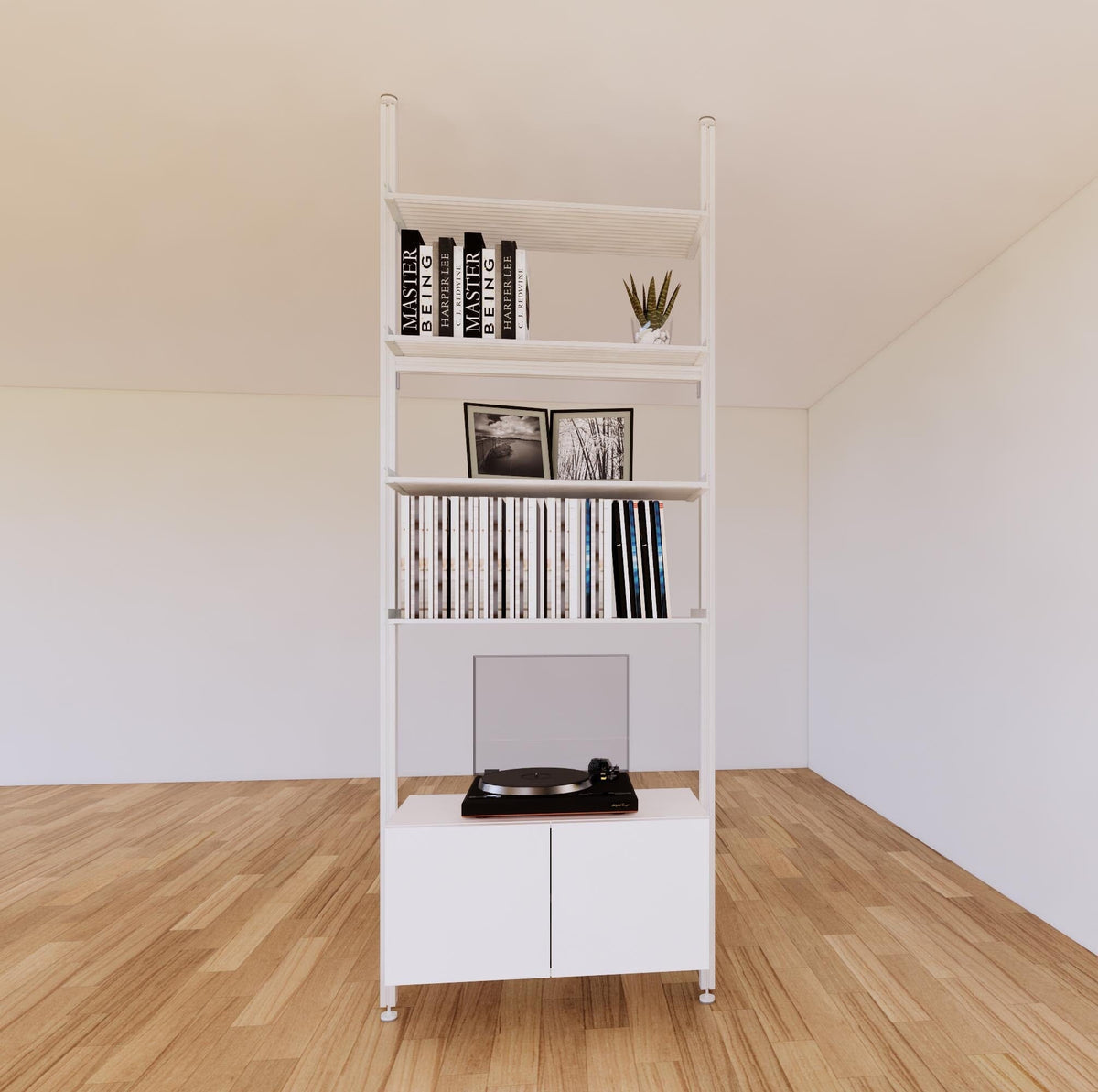 Floor-to-ceiling room divider shelving unit with lower storage cabinets with white shelves and white vertical posts, 31-inch bay width, six open shelf levels, floor-to-ceiling supports.