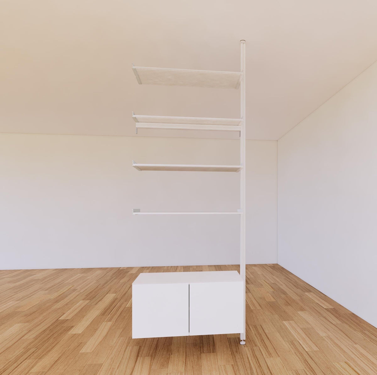 Floor-to-ceiling room divider shelving extension with lower storage cabinet with white shelves and white vertical post, one bay, 31-inch bay width, six open shelf levels, floor-to-ceiling supports.