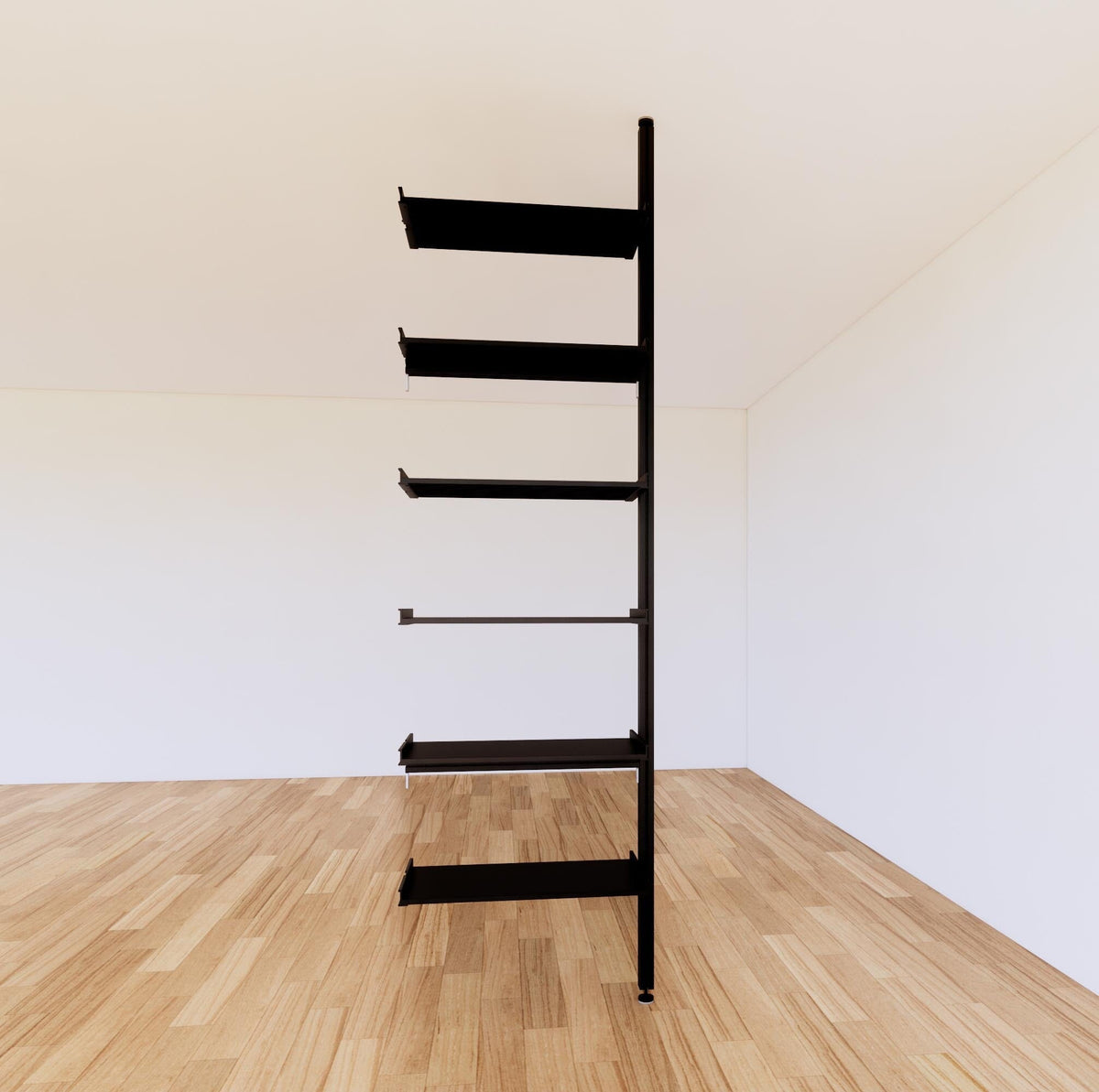 Floor-to-ceiling room divider shelving extension with lower storage cabinet with black shelves and black vertical post, one bay, 24-inch bay width, six open shelf levels, floor-to-ceiling supports.