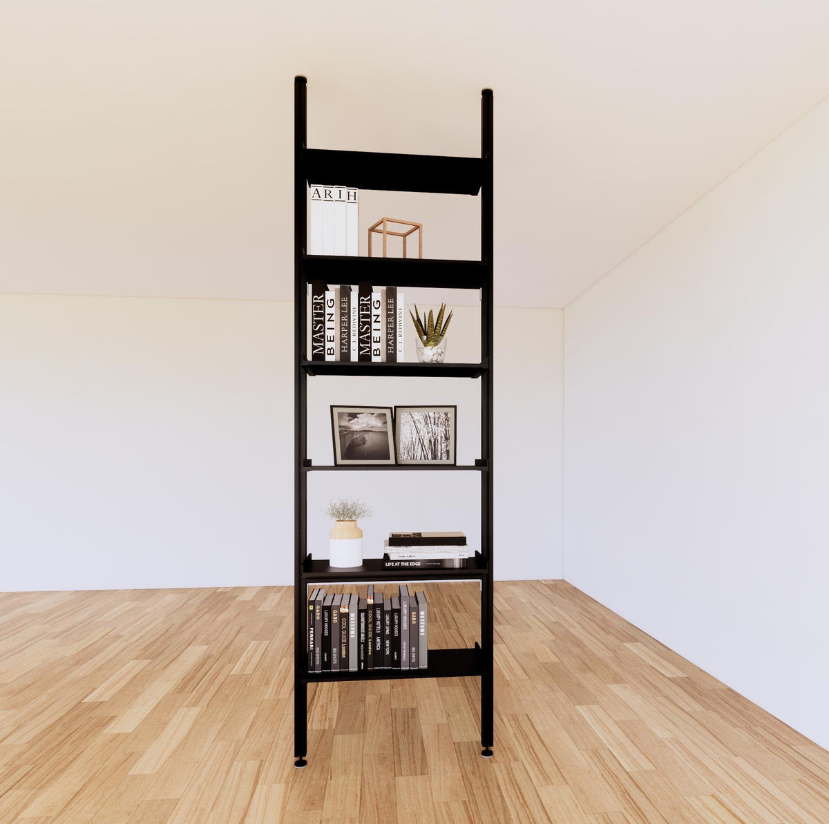 Floor-to-ceiling room divider shelving unit with black shelves and black vertical posts, one bay, 24-inch bay width, six open shelf levels, floor-to-ceiling supports.