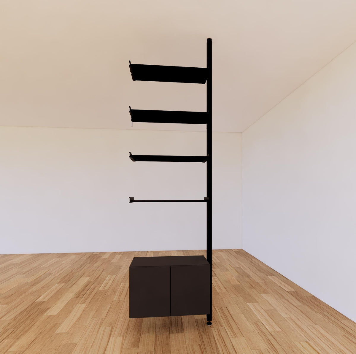 Floor-to-ceiling room divider shelving extension with lower storage cabinet with black shelves and black vertical post, one bay, 24-inch bay width, six open shelf levels, floor-to-ceiling supports.