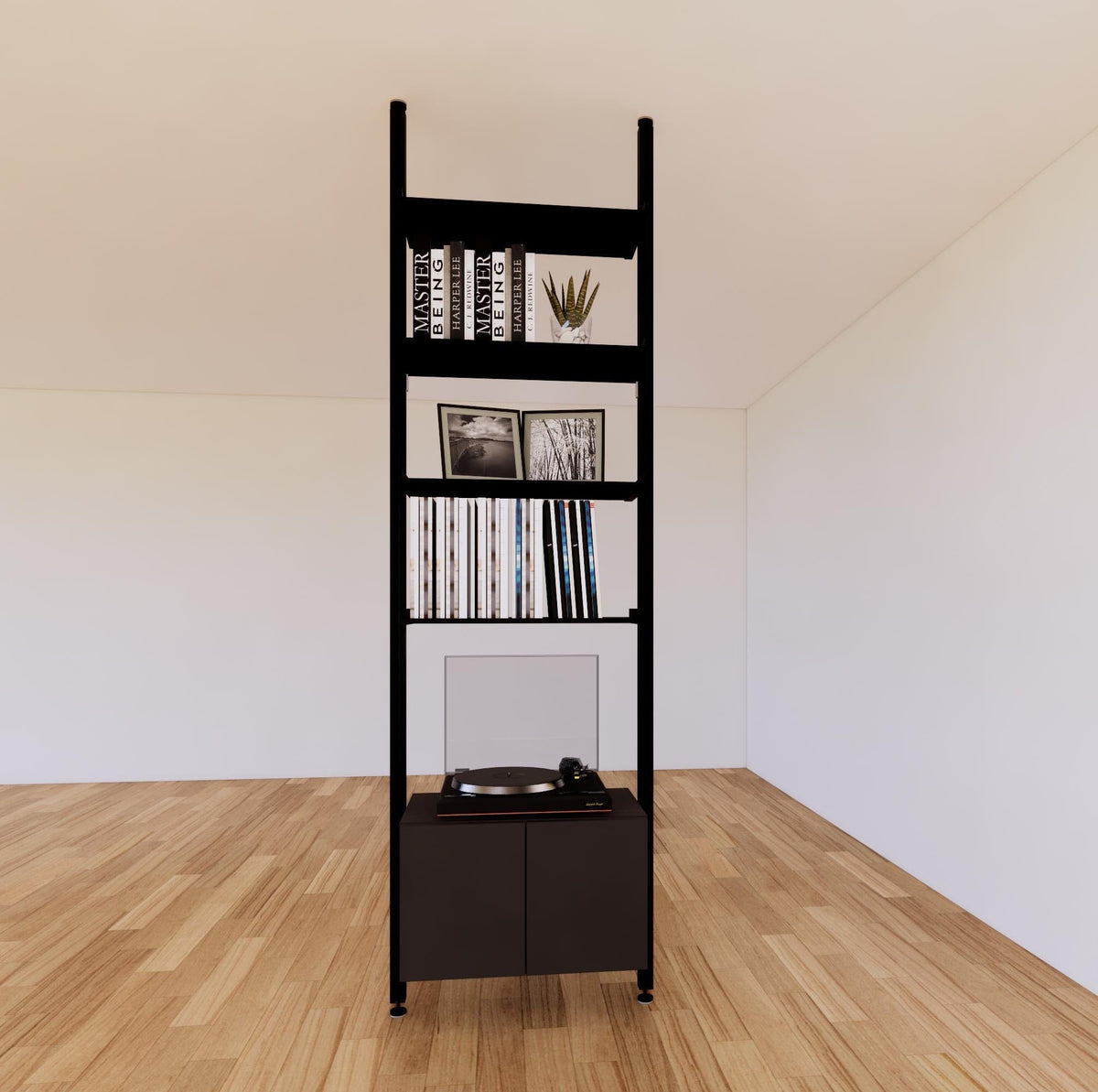 Floor-to-ceiling room divider shelving extension with lower storage cabinet with black shelves and black vertical post, one bay, 24-inch bay width, six open shelf levels, floor-to-ceiling supports.
