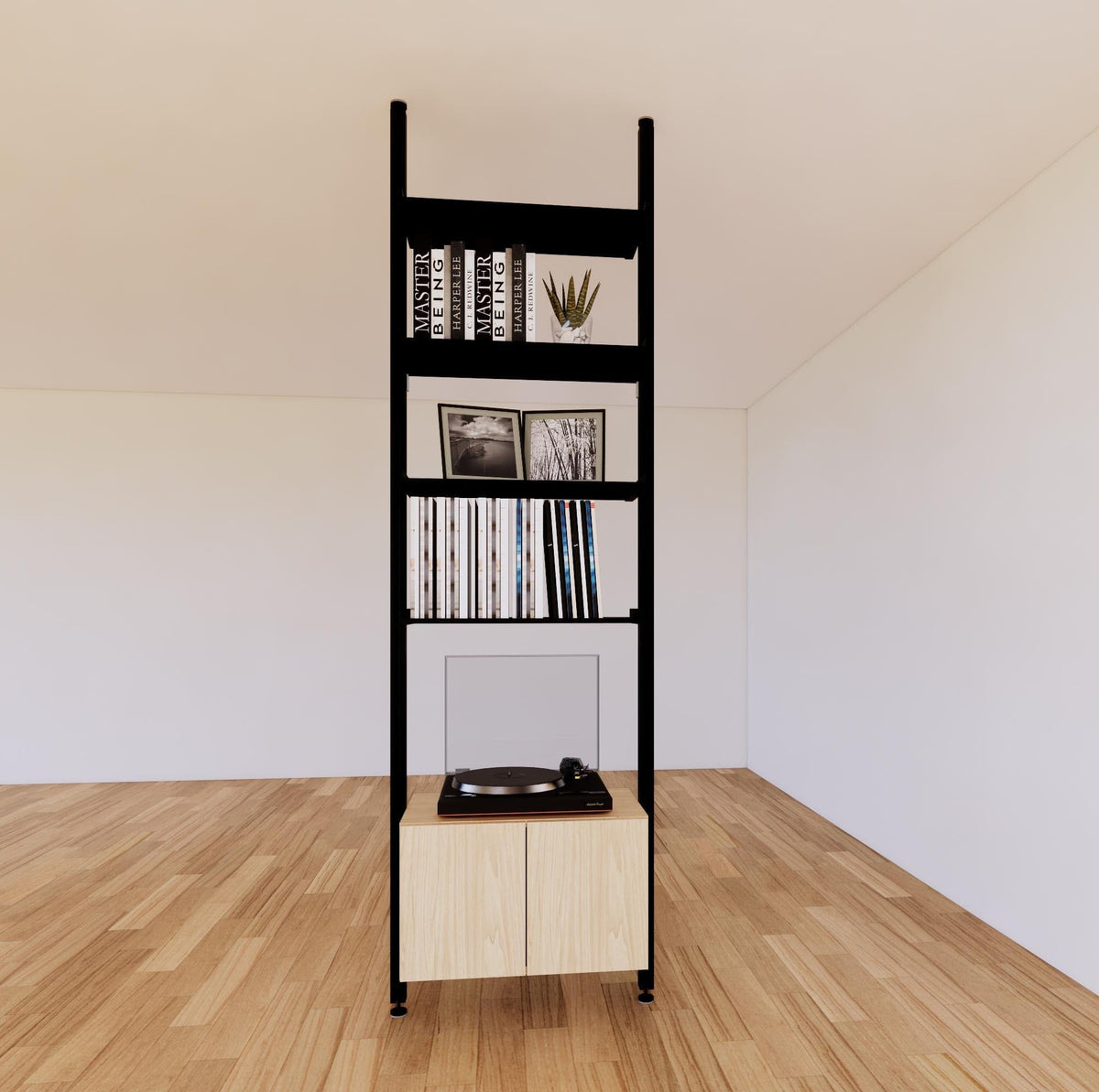 Floor-to-ceiling room divider shelving extension with lower storage cabinet with Casting Light shelves and black vertical post, one bay, 24-inch bay width, six open shelf levels, floor-to-ceiling supports.