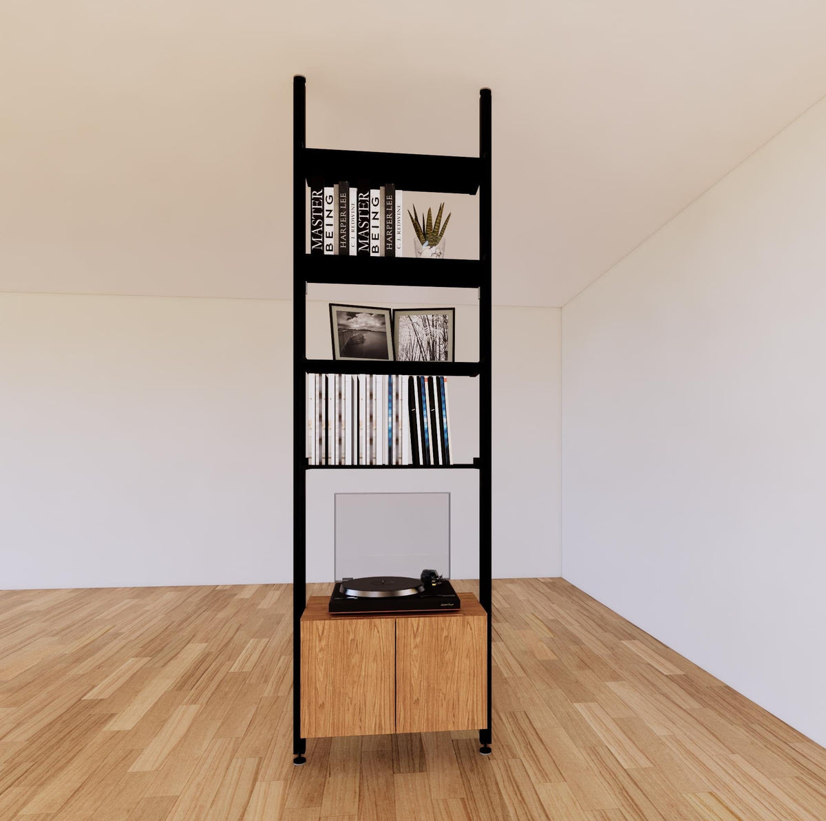 Floor-to-ceiling room divider shelving extension with lower storage cabinet with Tea for Two shelves and black vertical post, one bay, 24-inch bay width, six open shelf levels, floor-to-ceiling supports.