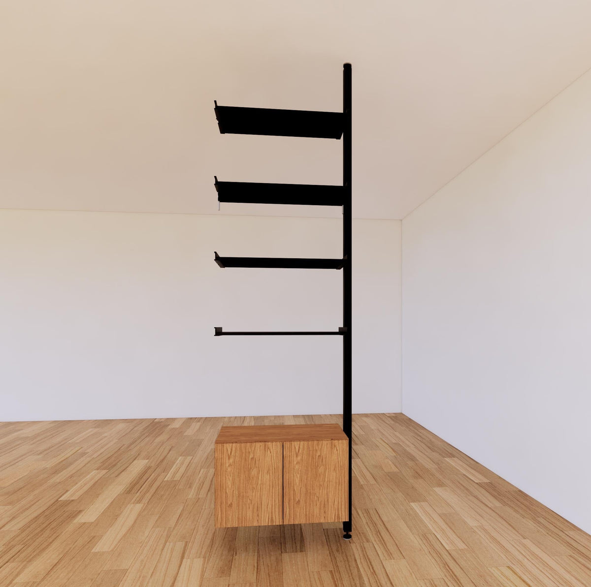 Floor-to-ceiling room divider shelving extension with lower storage cabinet with Tea for Two shelves and black vertical post, one bay, 24-inch bay width, six open shelf levels, floor-to-ceiling supports.