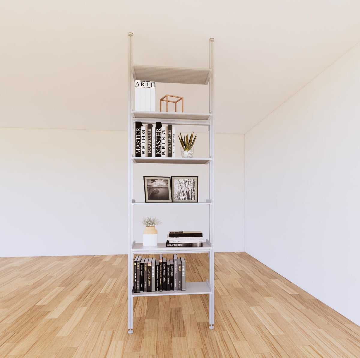 Floor-to-ceiling room divider shelving unit with satin shelves and satin vertical posts, one bay, 24-inch bay width, six open shelf levels, floor-to-ceiling supports.