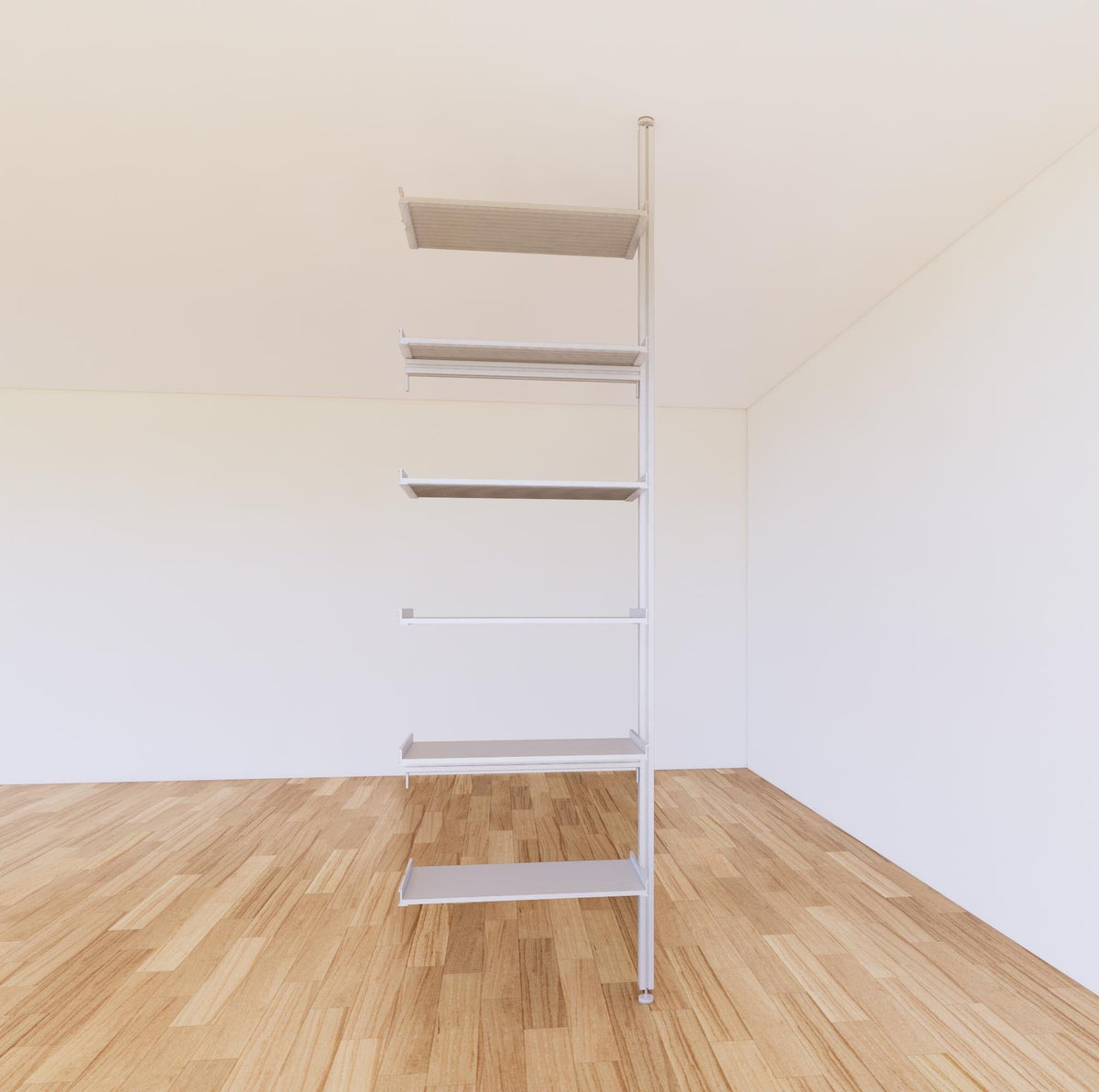 Floor-to-ceiling room divider shelving extension with lower storage cabinet with satin shelves and satin vertical post, one bay, 24-inch bay width, six open shelf levels, floor-to-ceiling supports.