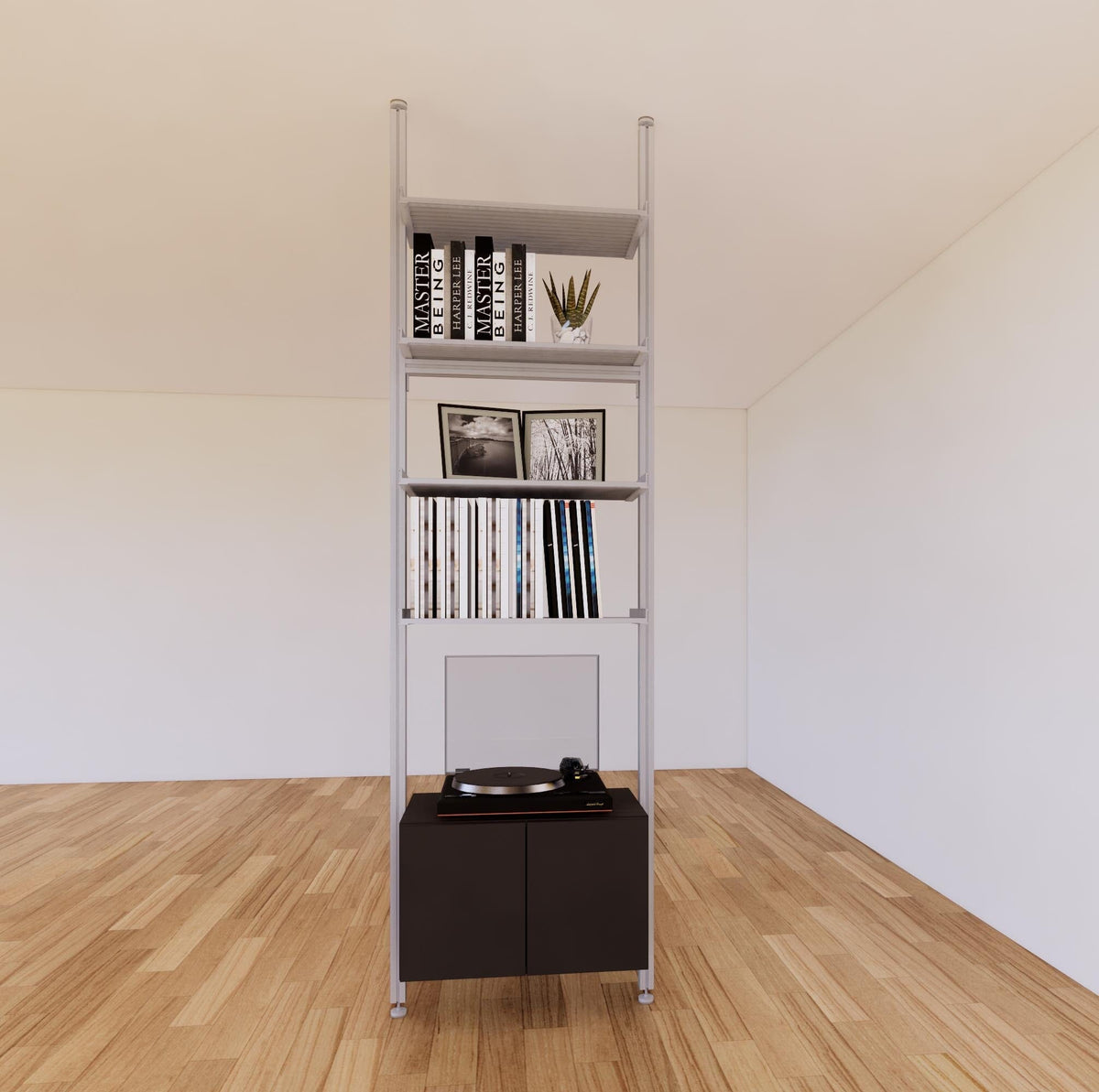 Floor-to-ceiling room divider shelving unit with lower storage cabinets with black shelves and satin vertical posts, one bay, 24-inch bay width, six open shelf levels, floor-to-ceiling supports.