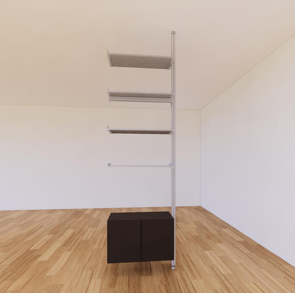 Floor-to-ceiling room divider shelving extension with lower storage cabinet with black shelves and satin vertical post, one bay, 24-inch bay width, six open shelf levels, floor-to-ceiling supports.