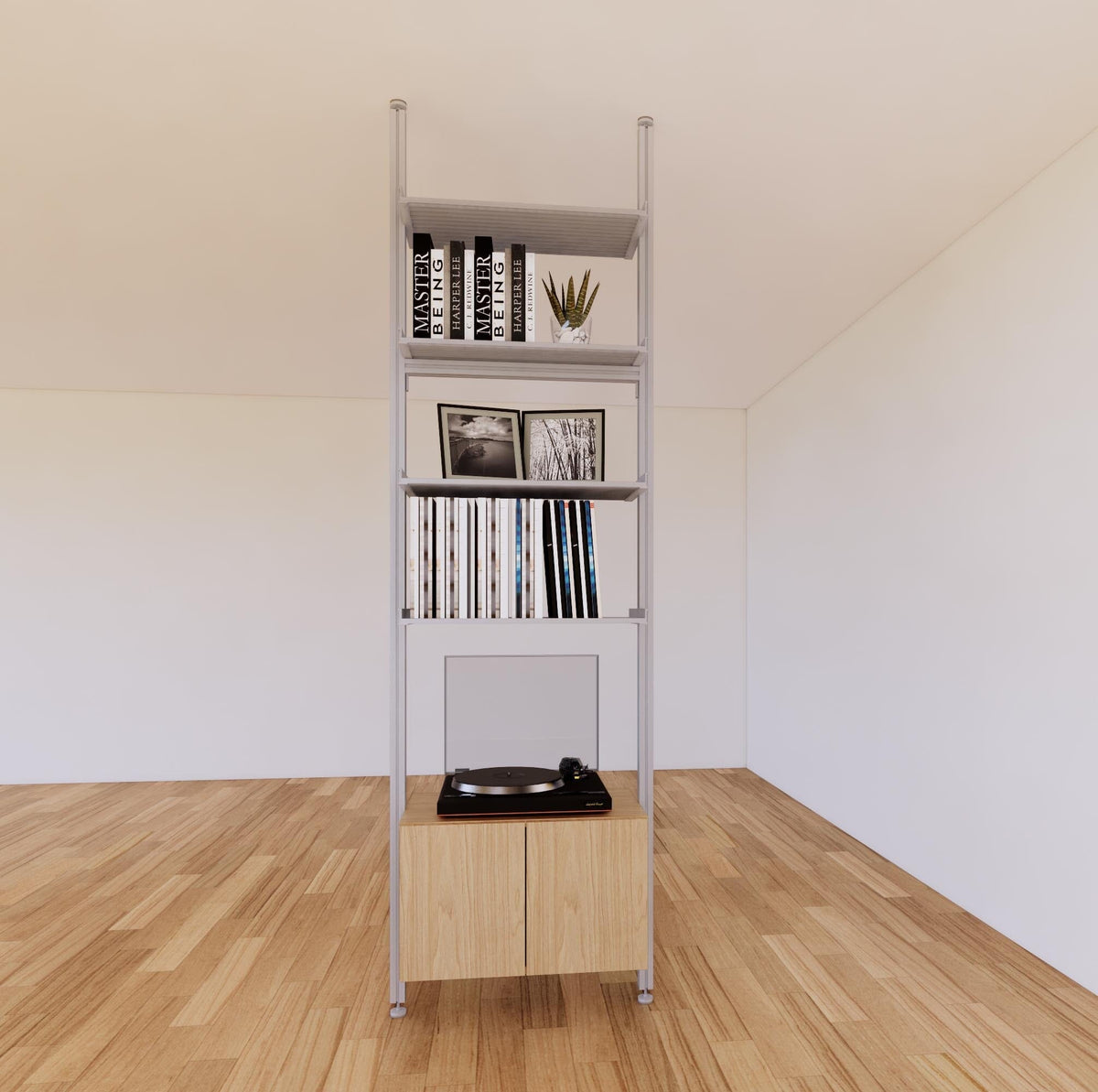 Floor-to-ceiling room divider shelving unit with lower storage cabinets with Casting Light shelves and satin vertical posts, one bay, 24-inch bay width, six open shelf levels, floor-to-ceiling supports.
