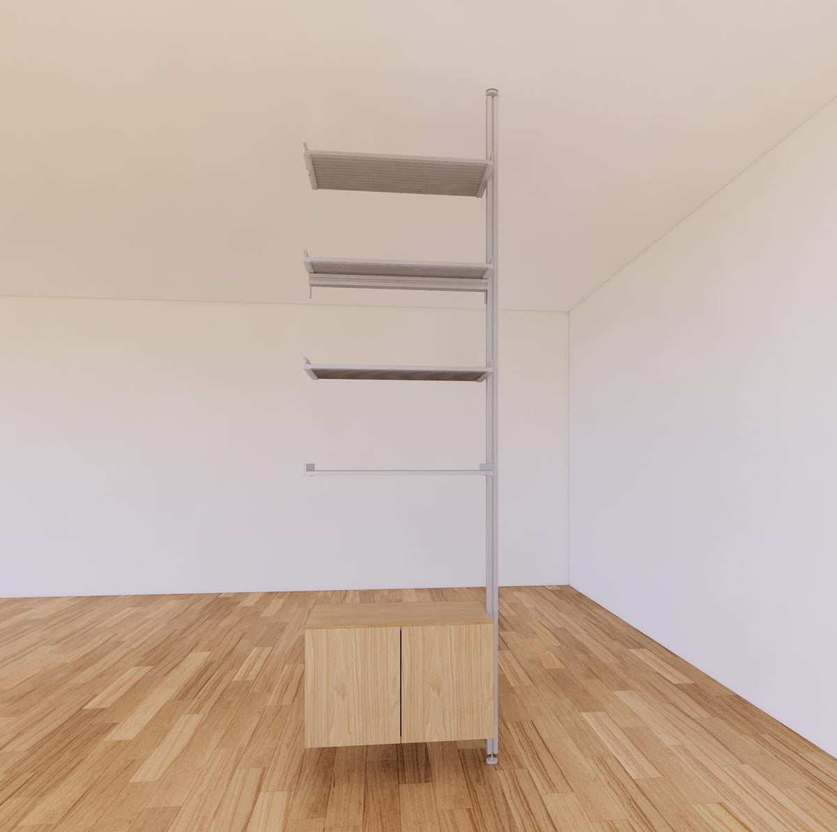 Floor-to-ceiling room divider shelving extension with lower storage cabinet with Casting Light shelves and satin vertical post, one bay, 24-inch bay width, six open shelf levels, floor-to-ceiling supports.