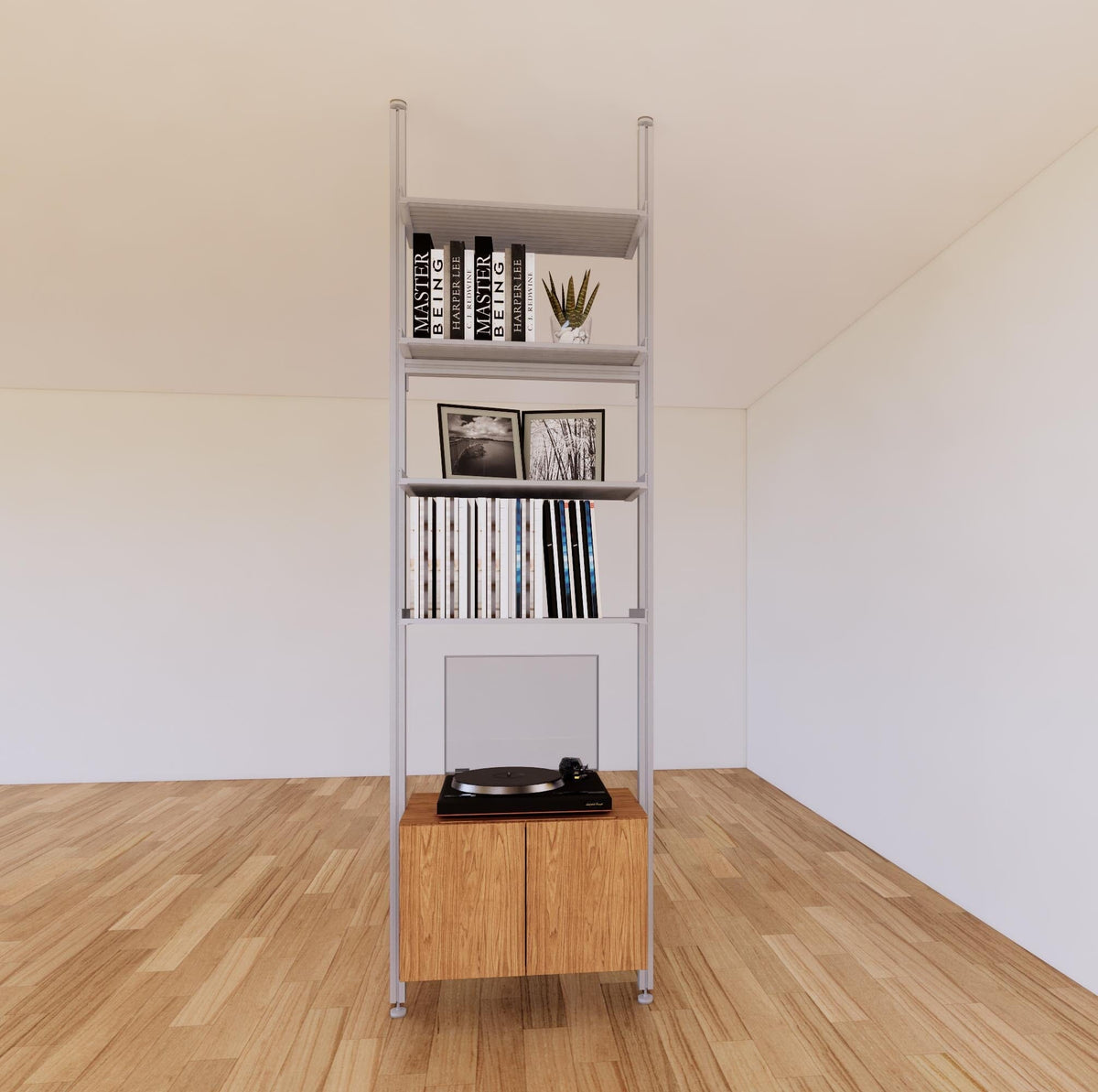 Floor-to-ceiling room divider shelving extension with lower storage cabinet with Tea for Two shelves and satin vertical post, one bay, 24-inch bay width, six open shelf levels, floor-to-ceiling supports.