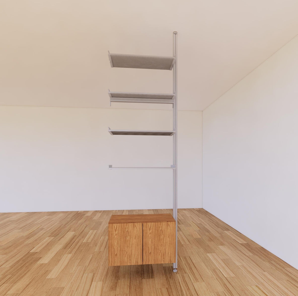 Floor-to-ceiling room divider shelving extension with lower storage cabinet with Tea for Two shelves and satin vertical post, one bay, 24-inch bay width, six open shelf levels, floor-to-ceiling supports.