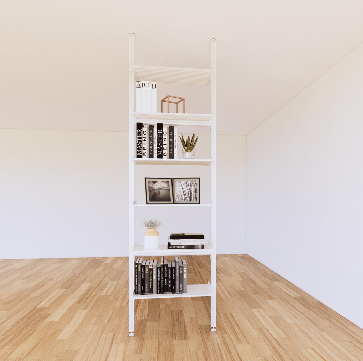 Floor-to-ceiling room divider shelving unit with white shelves and white vertical posts, one bay, 24-inch bay width, six open shelf levels, floor-to-ceiling supports.