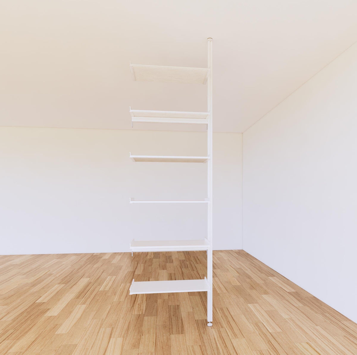 Floor-to-ceiling room divider shelving extension with white shelves and white vertical post, one bay, 24-inch bay width, six open shelf levels, floor-to-ceiling supports.
