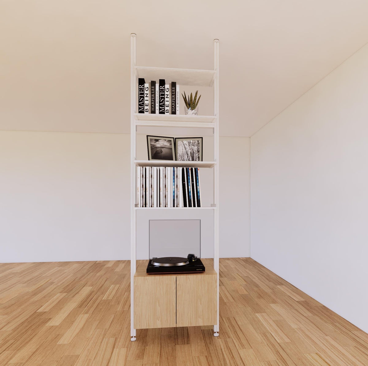 Floor-to-ceiling room divider shelving extension with lower storage cabinet with Casting Light shelves and white vertical post, one bay, 24-inch bay width, six open shelf levels, floor-to-ceiling supports.