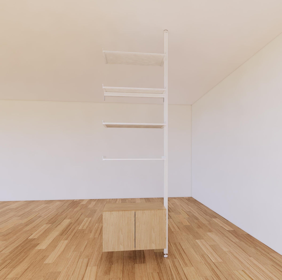 Floor-to-ceiling room divider shelving extension with lower storage cabinet with Casting Light shelves and white vertical post, one bay, 24-inch bay width, six open shelf levels, floor-to-ceiling supports.