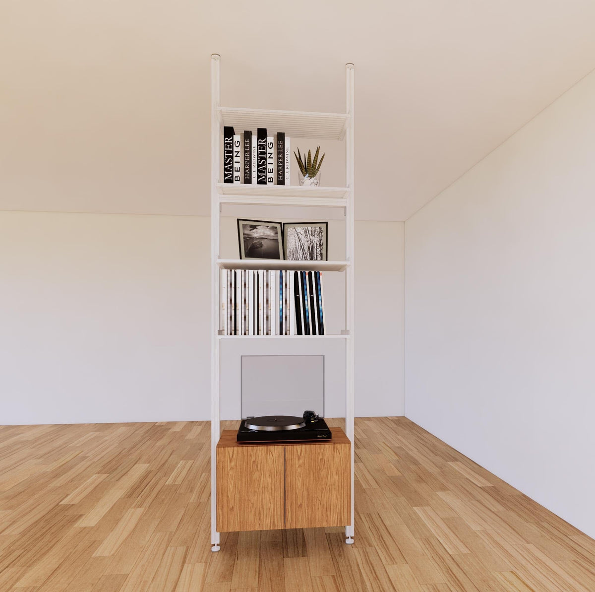 Floor-to-ceiling room divider shelving extension with lower storage cabinet with Tea for Two shelves and white vertical post, one bay, 24-inch bay width, six open shelf levels, floor-to-ceiling supports.