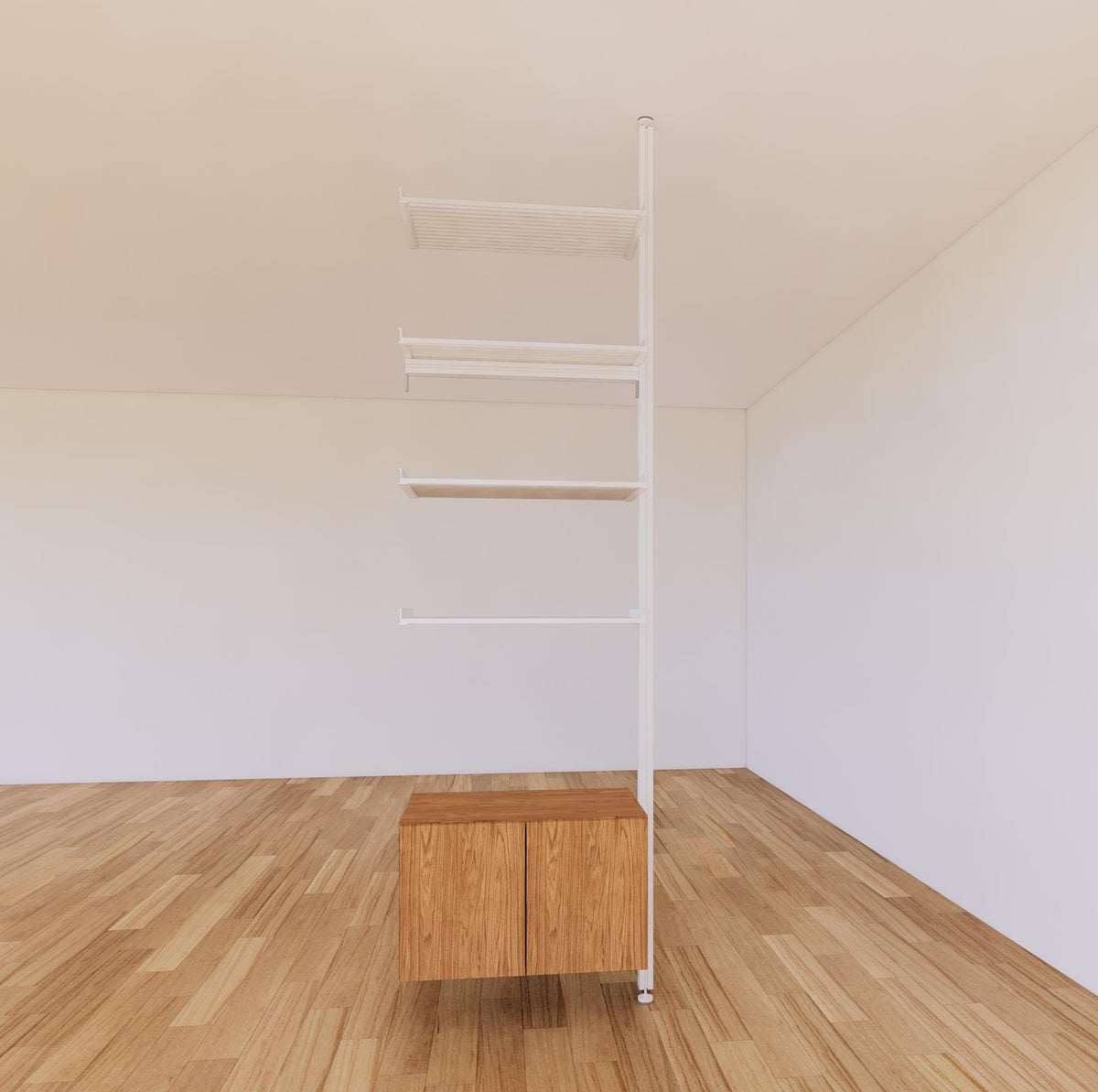 Floor-to-ceiling room divider shelving extension with lower storage cabinet with Tea for Two shelves and white vertical post, one bay, 24-inch bay width, six open shelf levels, floor-to-ceiling supports.