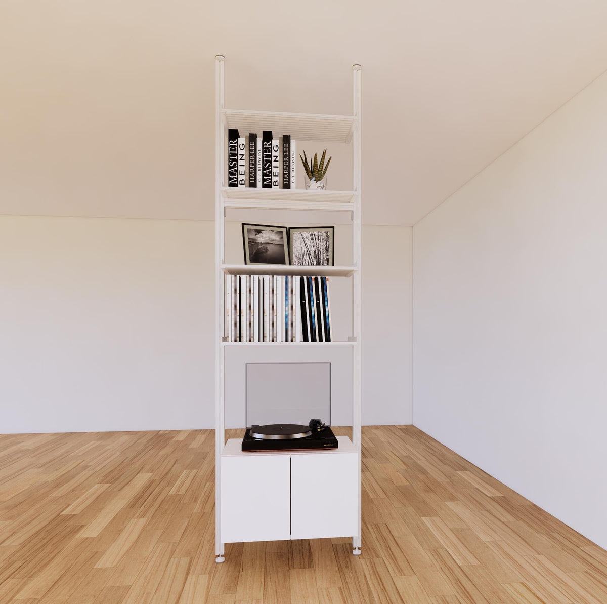 Floor-to-ceiling room divider shelving extension with lower storage cabinet with white shelves and white vertical post, one bay, 24-inch bay width, six open shelf levels, floor-to-ceiling supports.