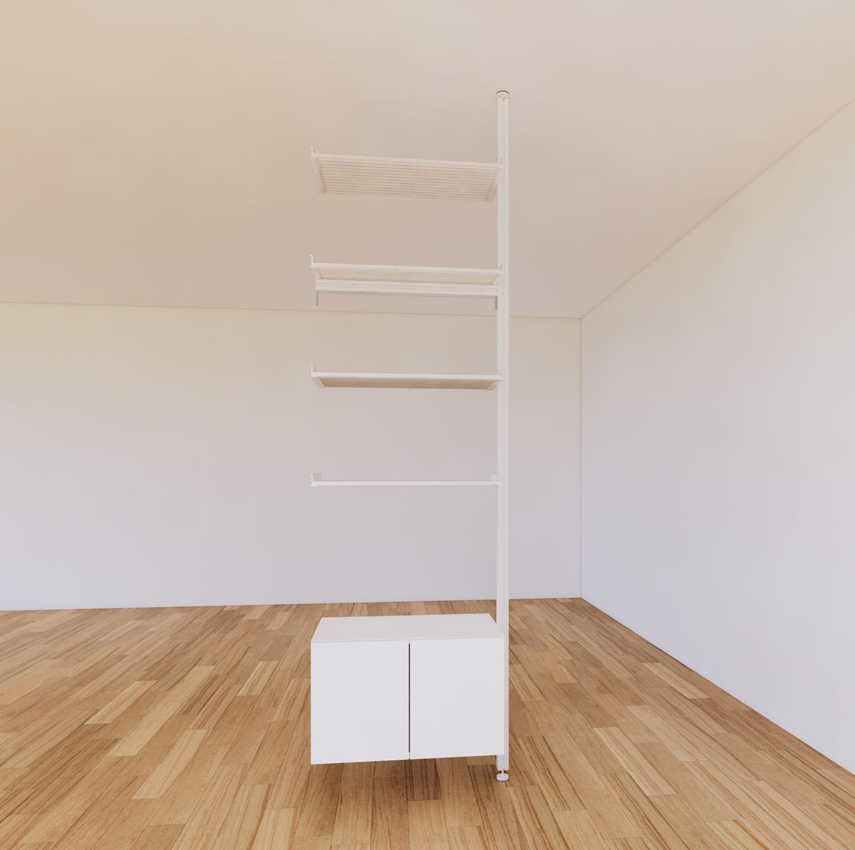 Floor-to-ceiling room divider shelving extension with lower storage cabinet with white shelves and white vertical post, one bay, 24-inch bay width, six open shelf levels, floor-to-ceiling supports.
