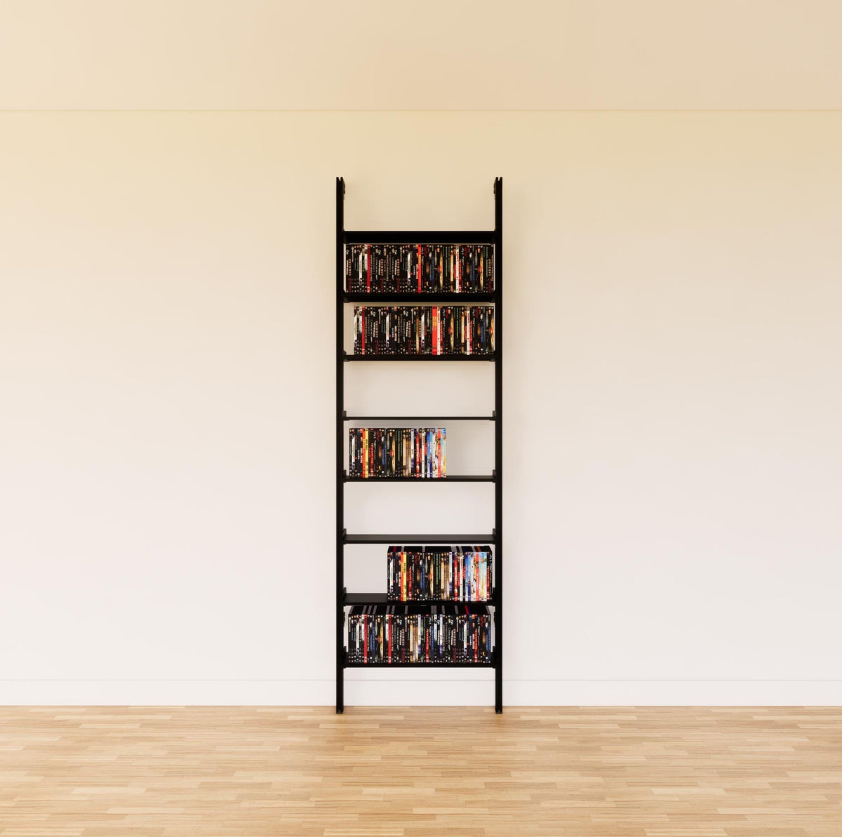 DVD media storage shelving unit with black shelves and black vertical posts, one bay, 24-inch shelf width, shown with open media storage shelf levels.