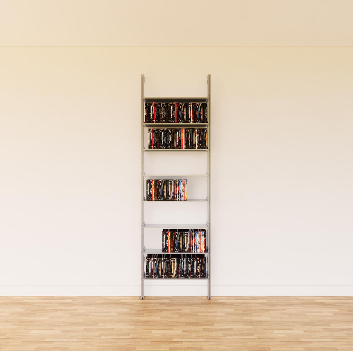 DVD media storage shelving unit with satin shelves and satin vertical posts, one bay, 24-inch shelf width, shown with open media storage shelf levels.