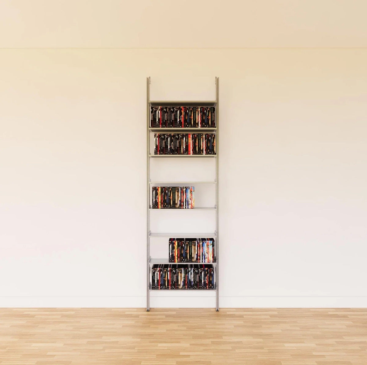 DVD media storage shelving unit with satin shelves and satin vertical posts, one bay, 24-inch shelf width, shown with open media storage shelf levels.