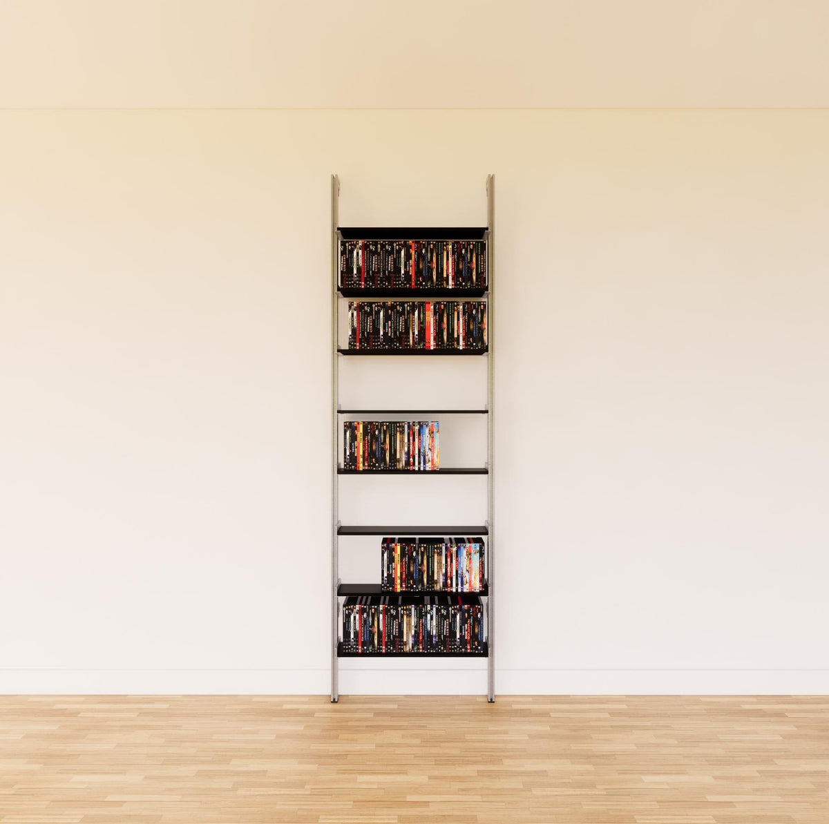 DVD media storage shelving unit with black shelves and satin vertical posts, one bay, 24-inch shelf width, shown with open media storage shelf levels.