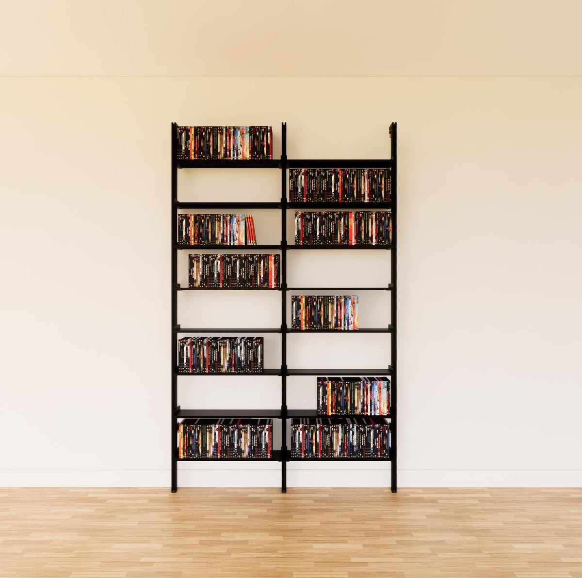 DVD media storage shelving unit with black shelves and black vertical posts, two bays, 24-inch shelf width, shown with open media storage shelf levels.