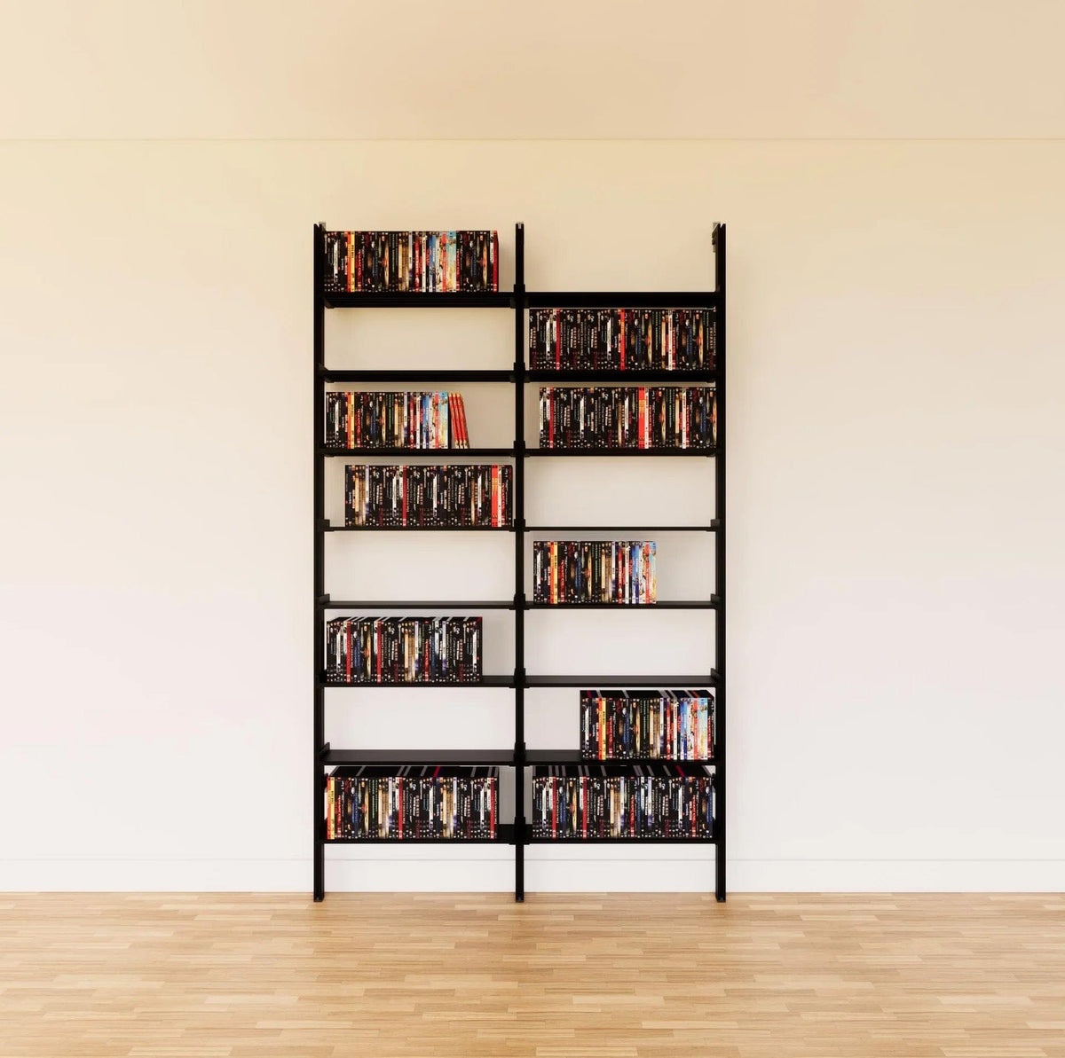DVD media storage shelving unit with black shelves and black vertical posts, two bays, 24-inch shelf width, shown with open media storage shelf levels.