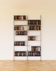 DVD media storage shelving unit with satin shelves and satin vertical posts, two bays, 24-inch shelf width, shown with open media storage shelf levels.