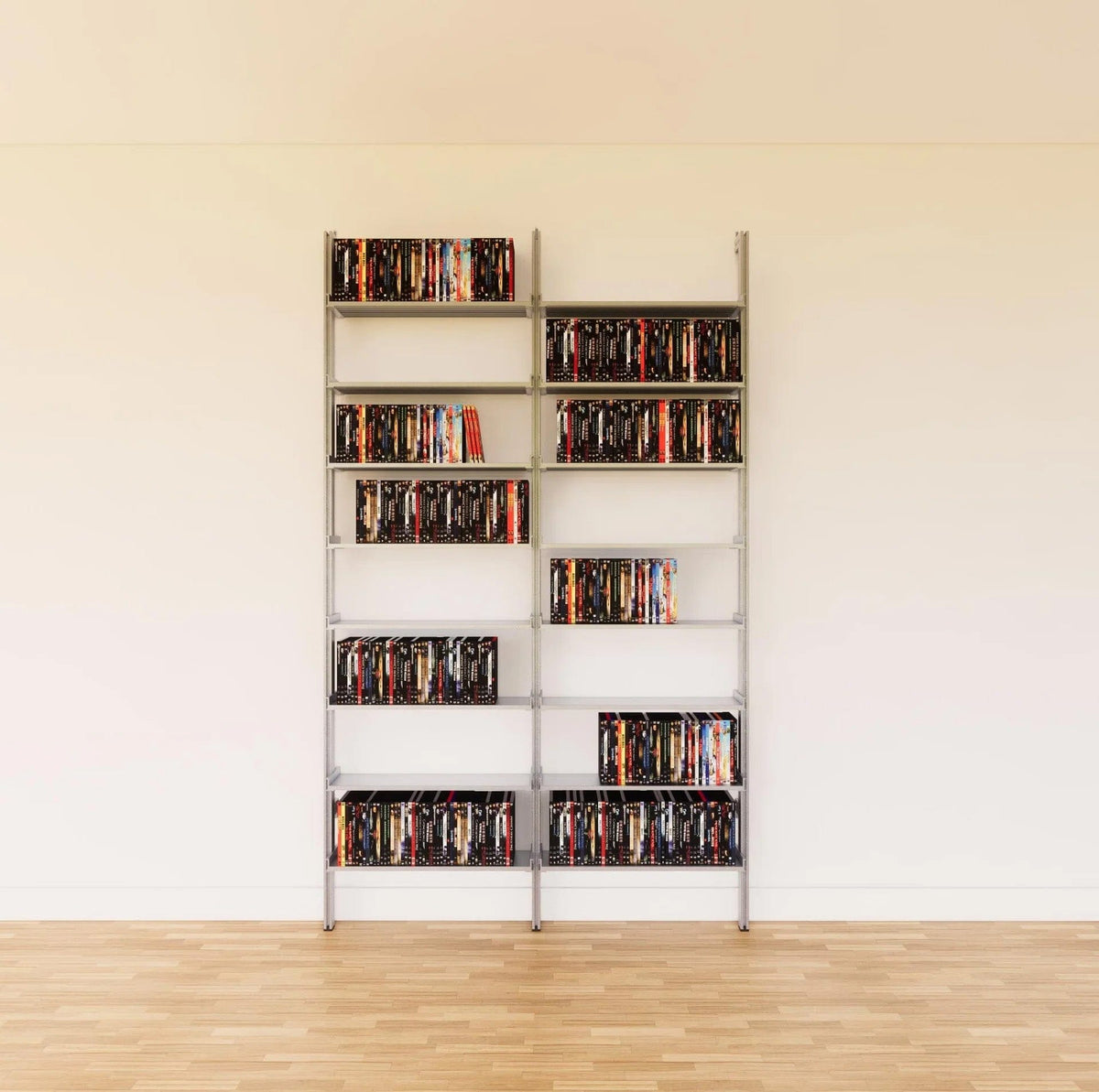 DVD media storage shelving unit with satin shelves and satin vertical posts, two bays, 24-inch shelf width, shown with open media storage shelf levels.