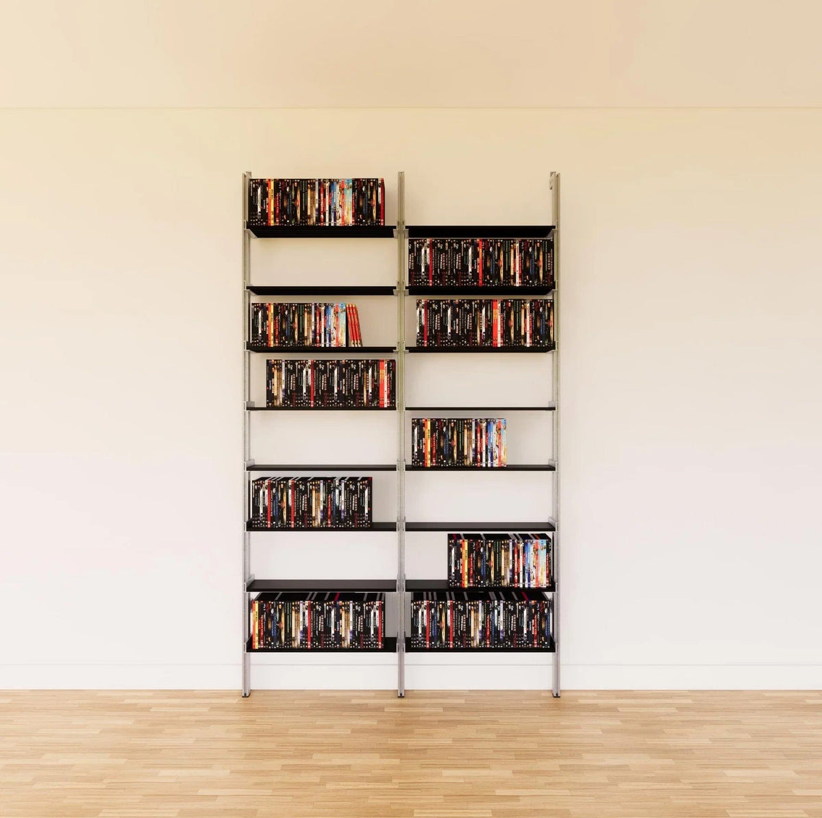 DVD media storage shelving unit with black shelves and satin vertical posts, two bays, 24-inch shelf width, shown with open media storage shelf levels.