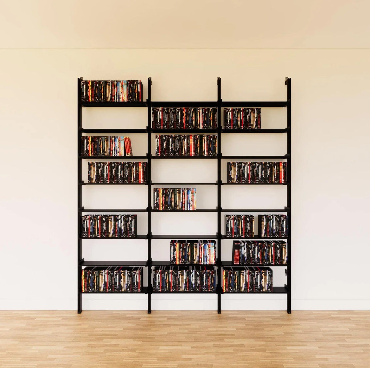 DVD media storage shelving unit with black shelves and black vertical posts, three bays, 24-inch shelf width, shown with open media storage shelf levels.