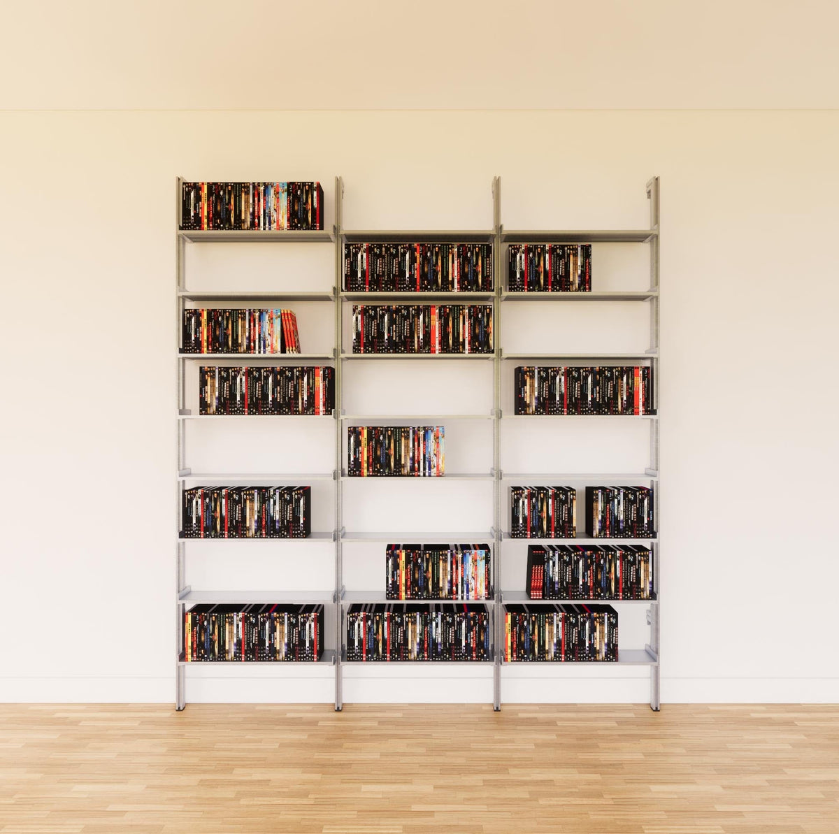 DVD media storage shelving unit with satin shelves and satin vertical posts, three bays, 24-inch shelf width, shown with open media storage shelf levels.