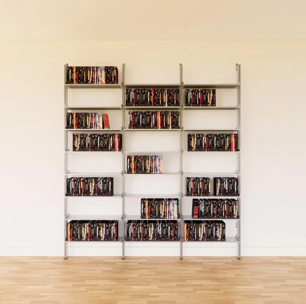 DVD media storage shelving unit with satin shelves and satin vertical posts, three bays, 24-inch shelf width, shown with open media storage shelf levels.