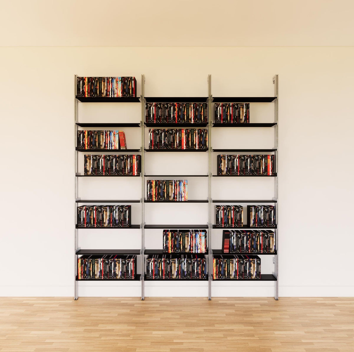 DVD media storage shelving unit with black shelves and satin vertical posts, three bays, 24-inch shelf width, shown with open media storage shelf levels.