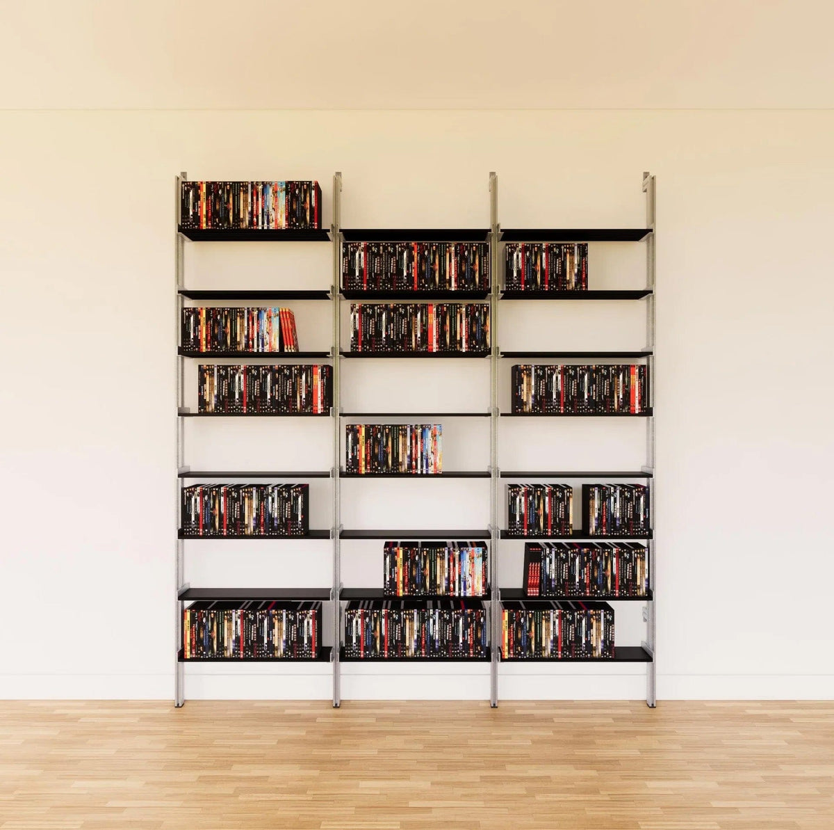 DVD media storage shelving unit with black shelves and satin vertical posts, three bays, 24-inch shelf width, shown with open media storage shelf levels.