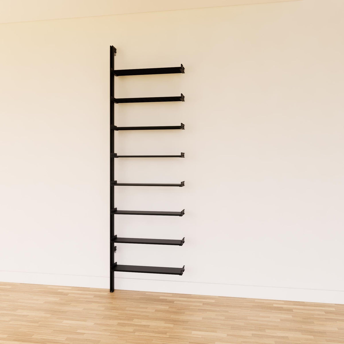 DVD media storage shelving unit with black shelves and black vertical posts, shown with open media storage shelf levels.