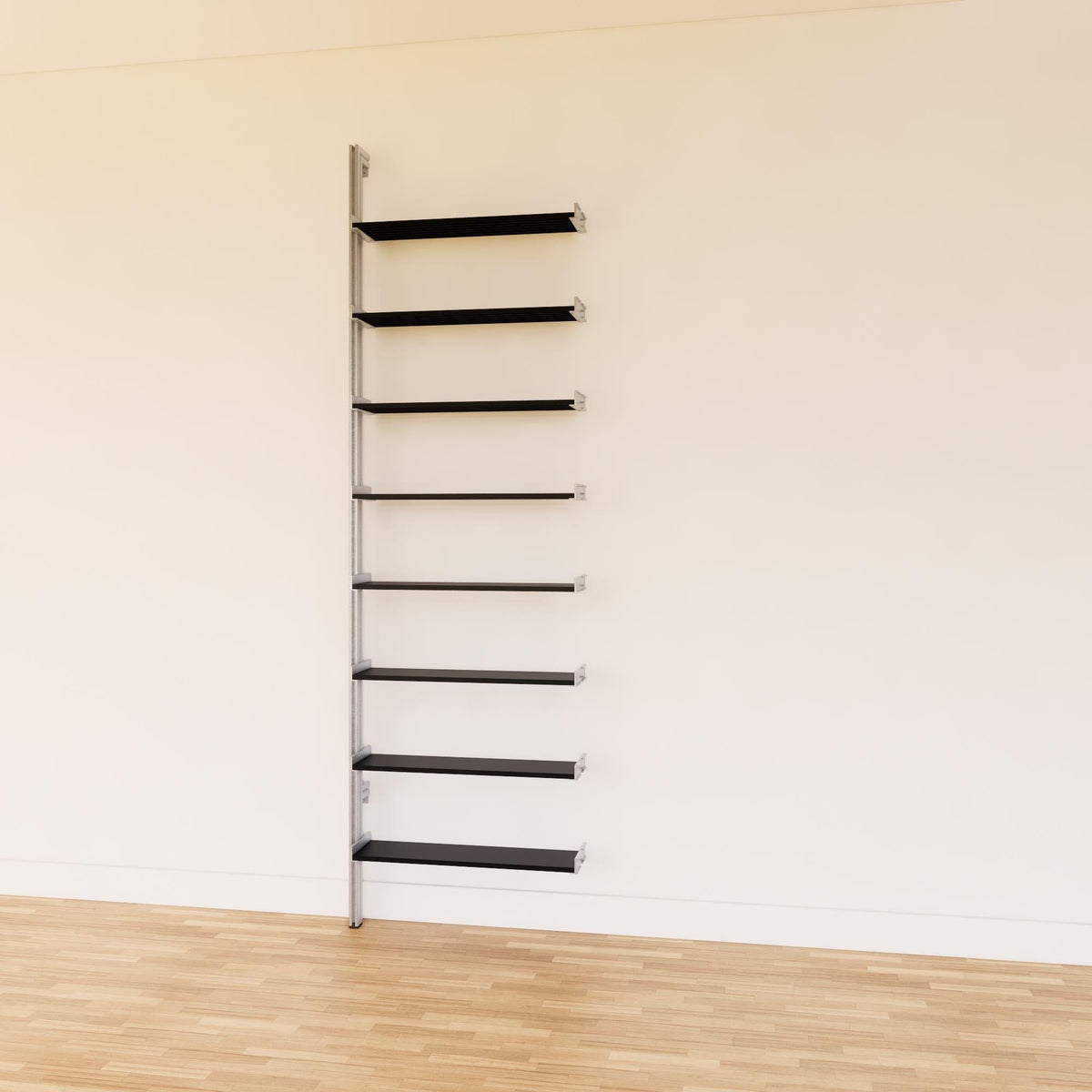 DVD media storage shelving unit with black shelves and satin vertical posts, 33-inch shelf width, shown with open media storage shelf levels.